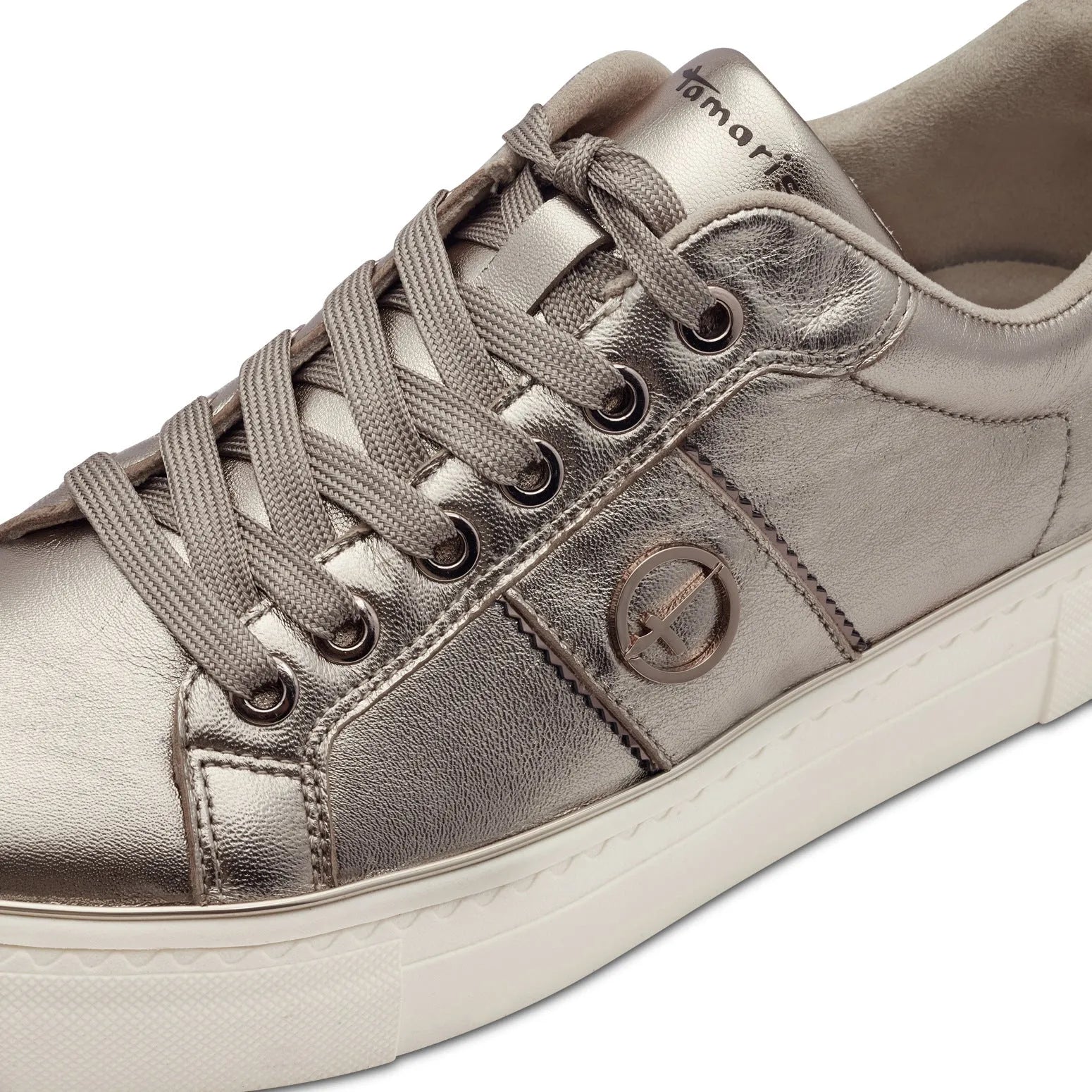 Tamaris 23724-42 women's light gold leather lace-up trainers with metallic finish and white rubber sole.