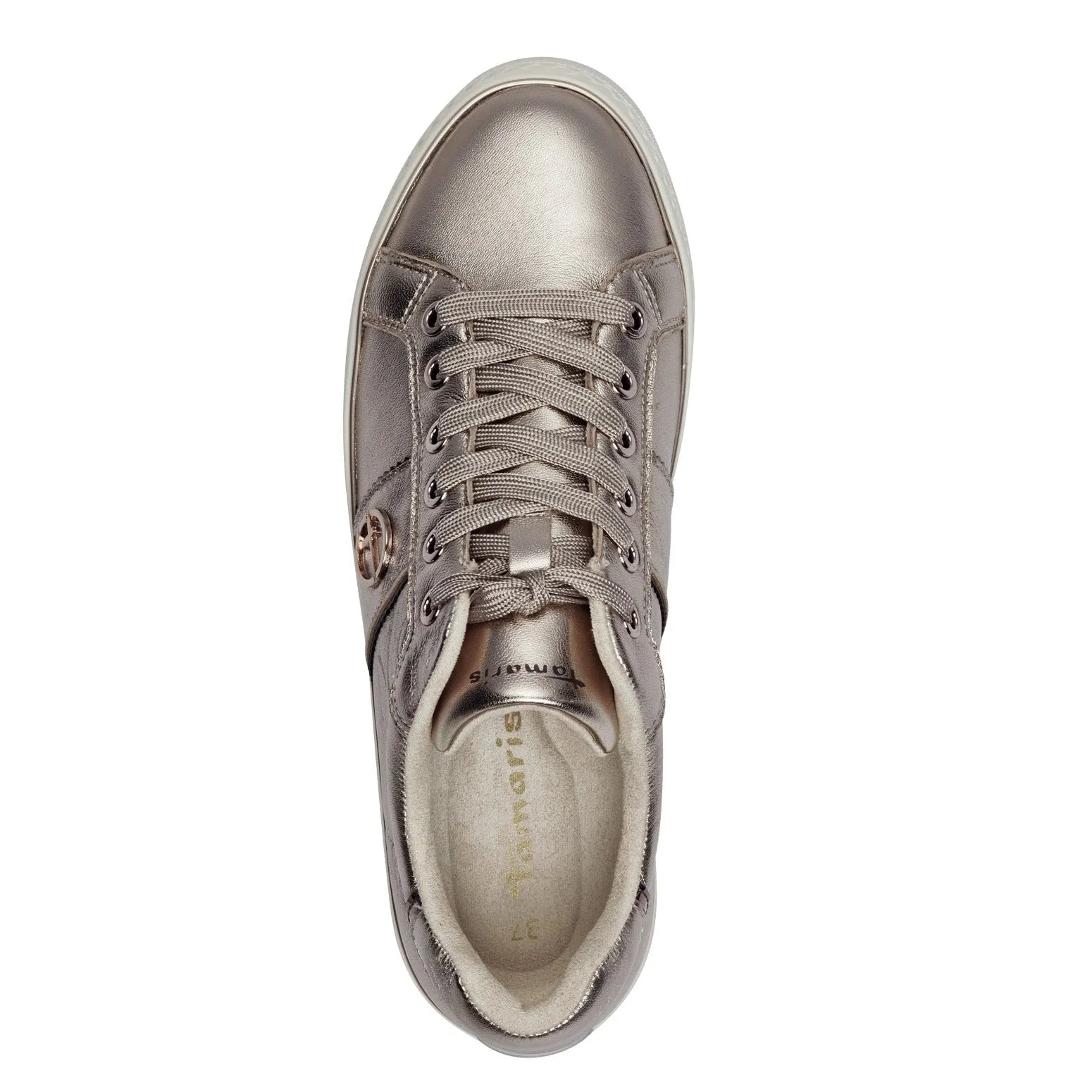 Tamaris 23724-42 women's light gold leather lace-up trainers, stylish casual sneakers with metallic finish and cushioned interior.