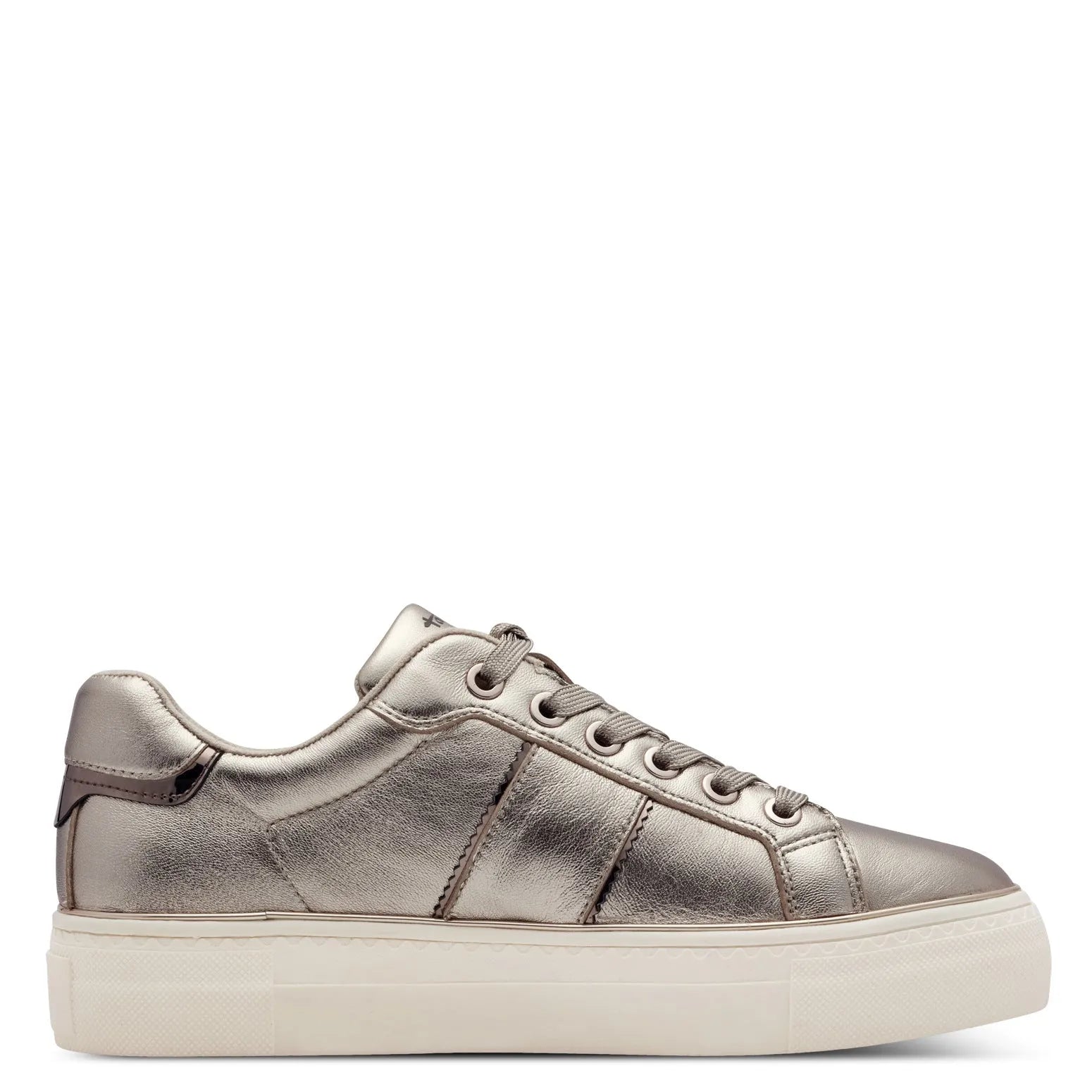 Tamaris ladies light gold leather lace-up sneakers with a chunky white sole, stylish and comfortable for casual wear.