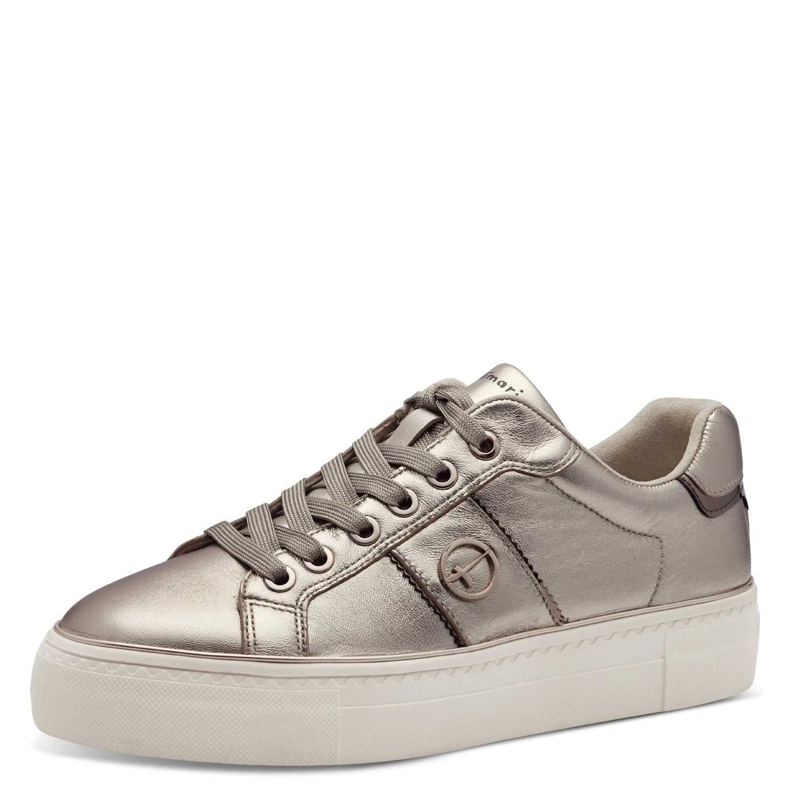 Tamaris 23724-42 women's light gold leather lace-up trainers with a chunky white sole and metallic finish.