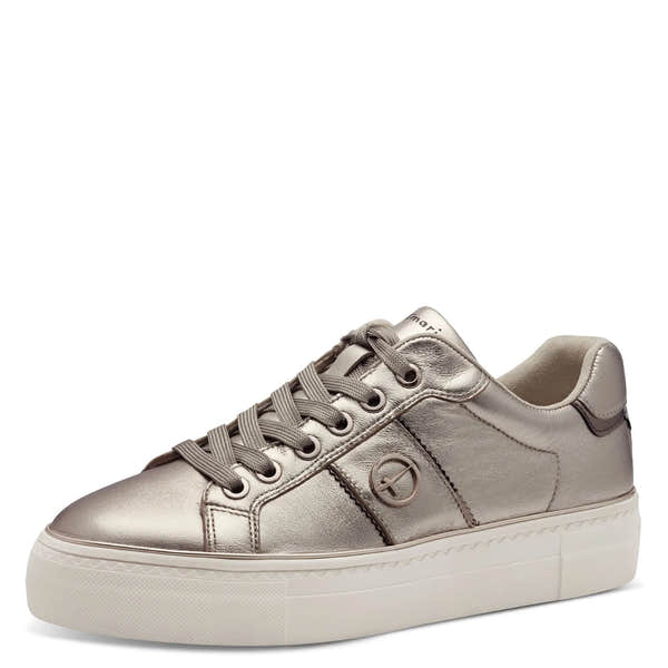 Tamaris 23724-42 women's light gold leather lace-up trainers with a chunky white sole and metallic finish.