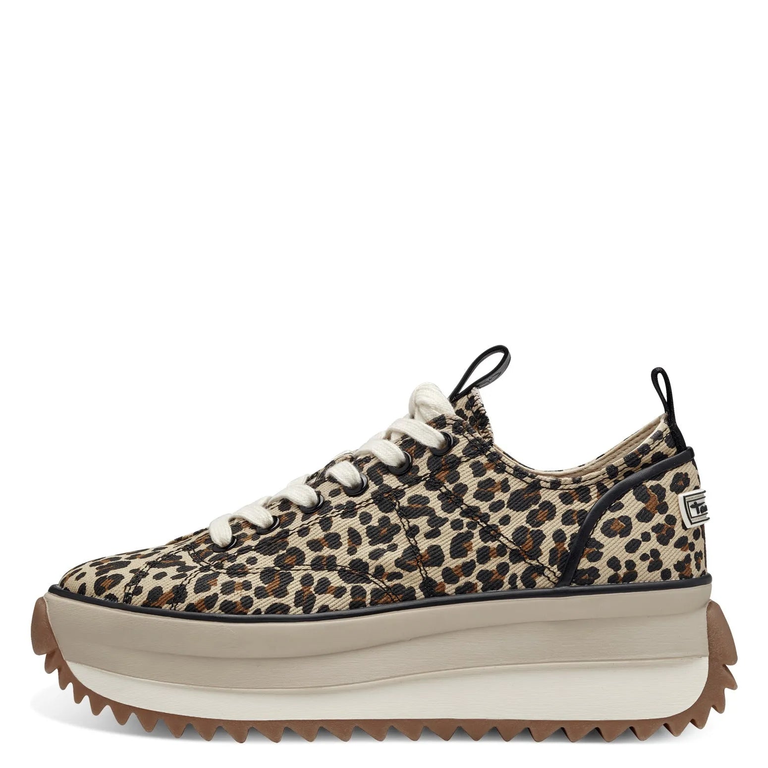 Tamaris 23731-41 women's leopard print textile lace-up trainers with chunky sole and black pull tabs.