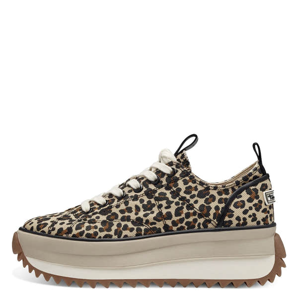 Tamaris 23731-41 women's leopard print textile lace-up trainers with chunky sole and black pull tabs.