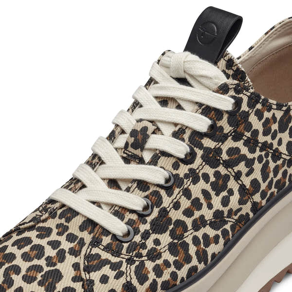 Tamaris 23731-41 women's leopard print textile lace-up trainers with white laces and black pull-tab detailing.