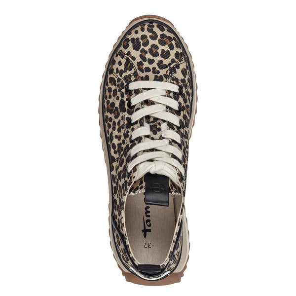 Tamaris 23731-41 women's leopard print textile lace-up trainers with cushioned interior and trendy animal pattern.