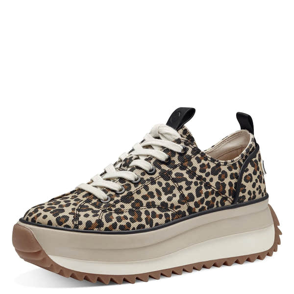 Tamaris 23731-41 women's leopard print textile lace-up sneakers with chunky platform sole and black trim.