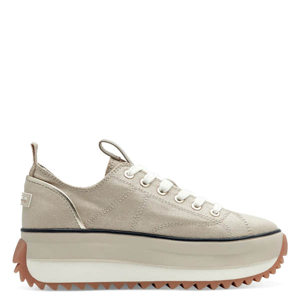 Tamaris 23731-41 women's light gold textile lace-up trainers with chunky sole and rugged tread.