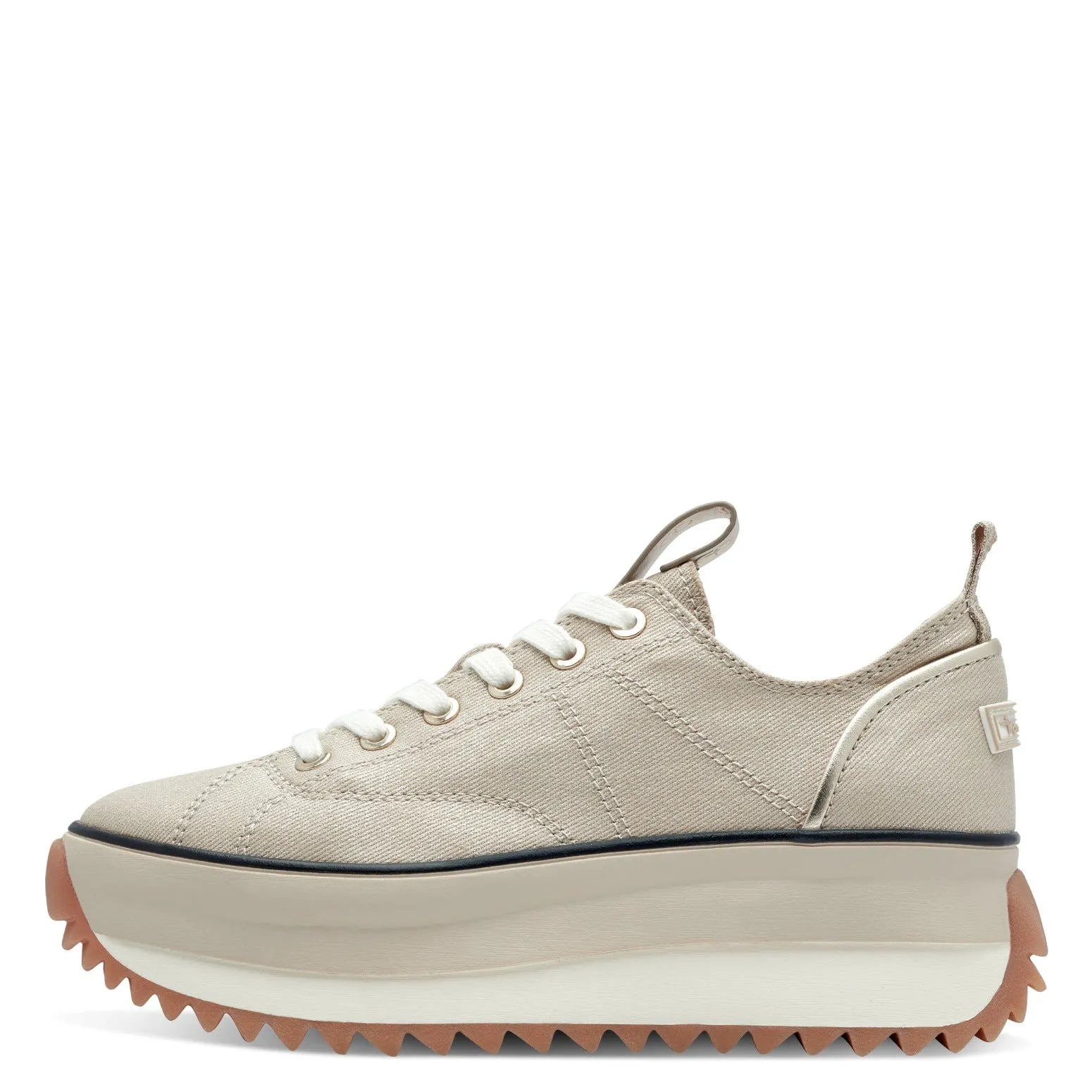 Tamaris 23731-41 women's light gold textile lace-up trainers with chunky platform sole and rugged outsole.