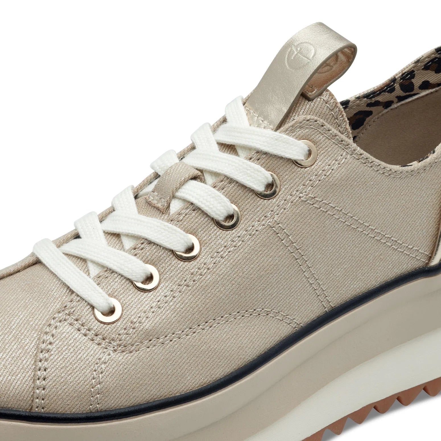 Tamaris 23731-41 ladies light gold textile lace-up trainer with animal print lining and white rubber sole.