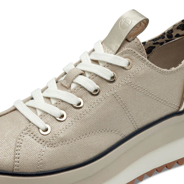 Tamaris 23731-41 ladies light gold textile lace-up trainer with animal print lining and white rubber sole.
