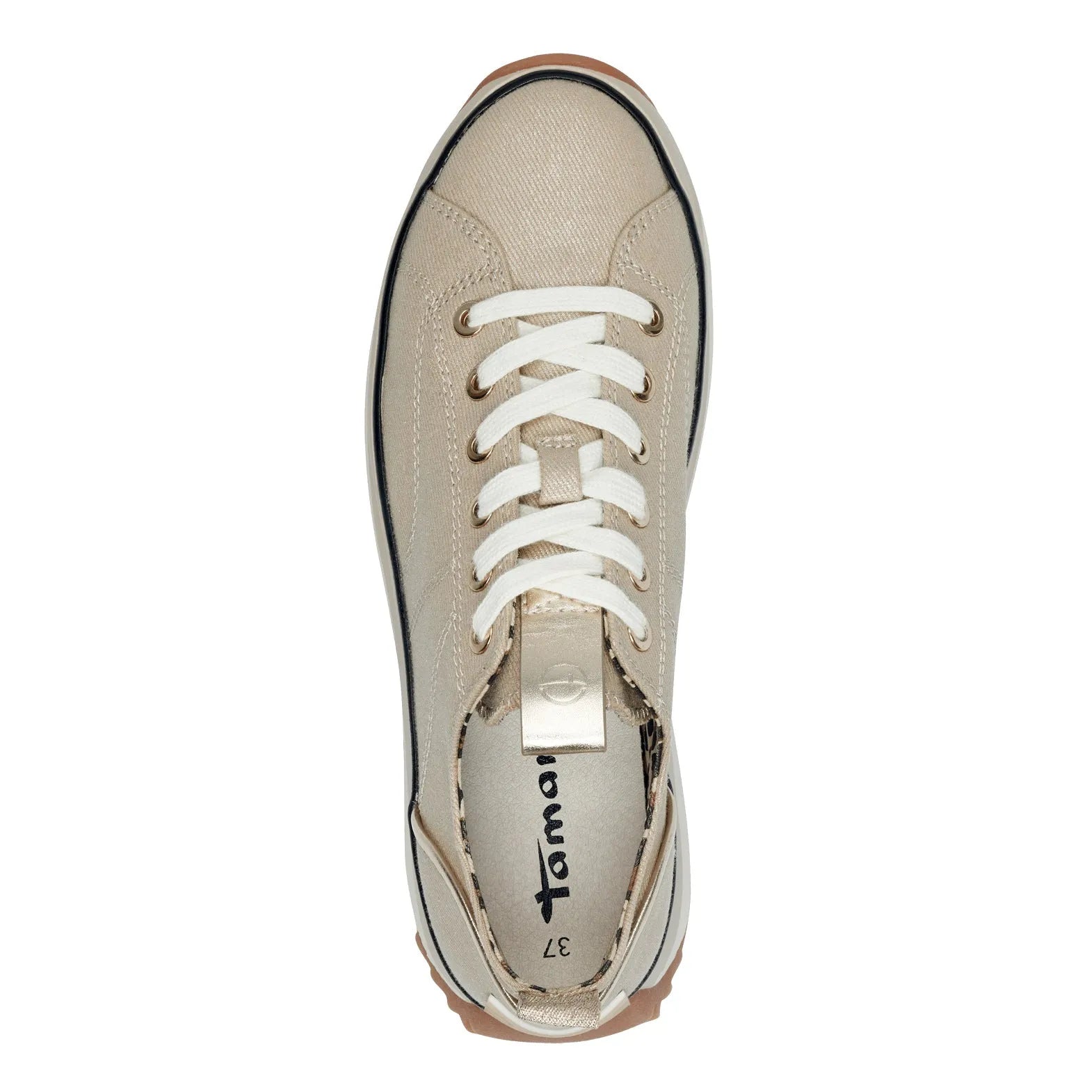 Tamaris 23731-41 women's light gold textile lace-up trainers with rubber sole, stylish casual footwear.