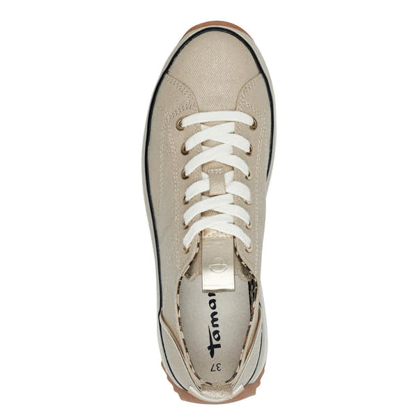 Tamaris 23731-41 women's light gold textile lace-up trainers with rubber sole, stylish casual footwear.