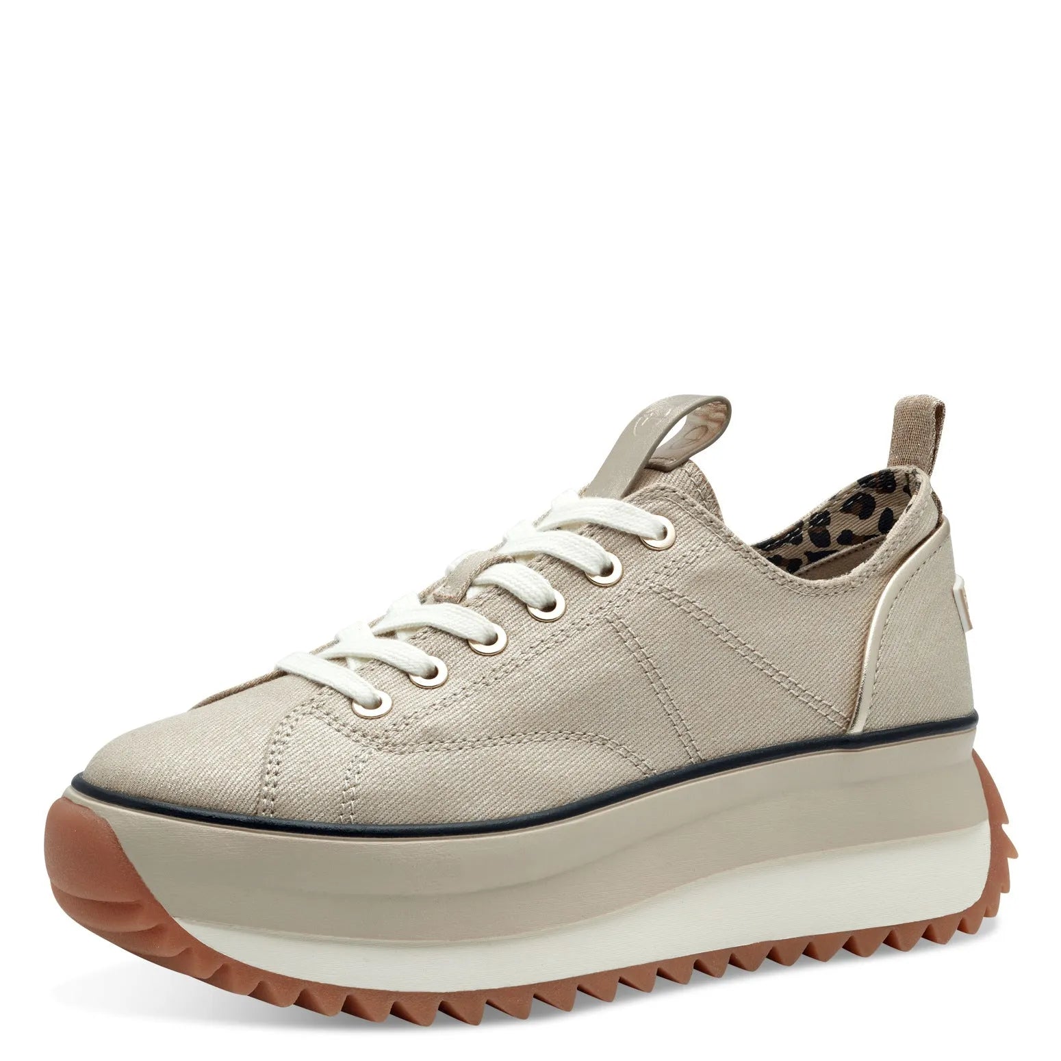 Tamaris ladies light gold textile lace-up trainers with chunky platform sole and leopard print interior.