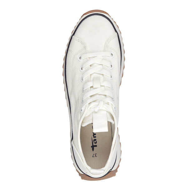 Tamaris 23731-41 women's white textile lace-up trainers with thick rubber sole and black piping detail.