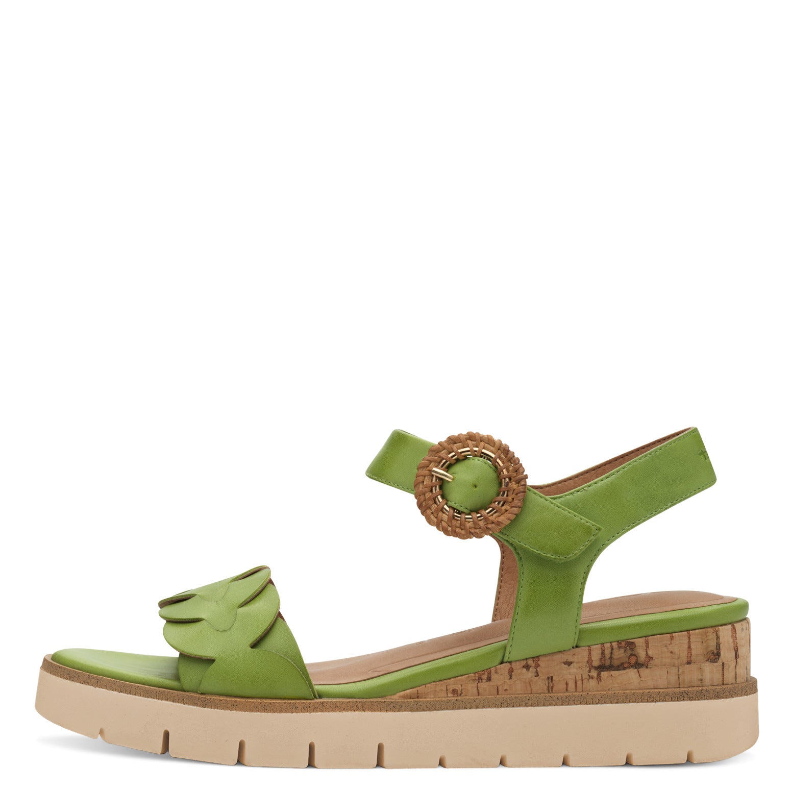 Tamaris Ladies Apple Leather Touch Fastening Sandals with woven ankle strap and chunky cork sole.