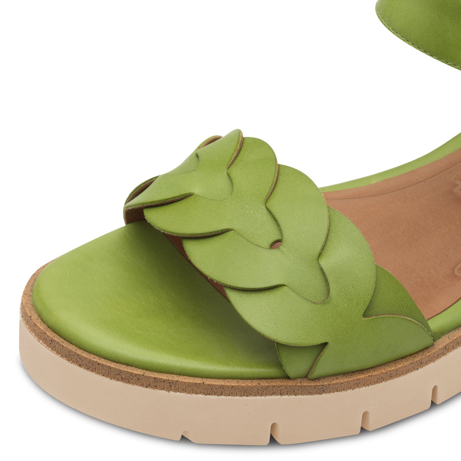 Tamaris women's green leather touch-fastening sandals with layered leaf design and comfortable beige sole.