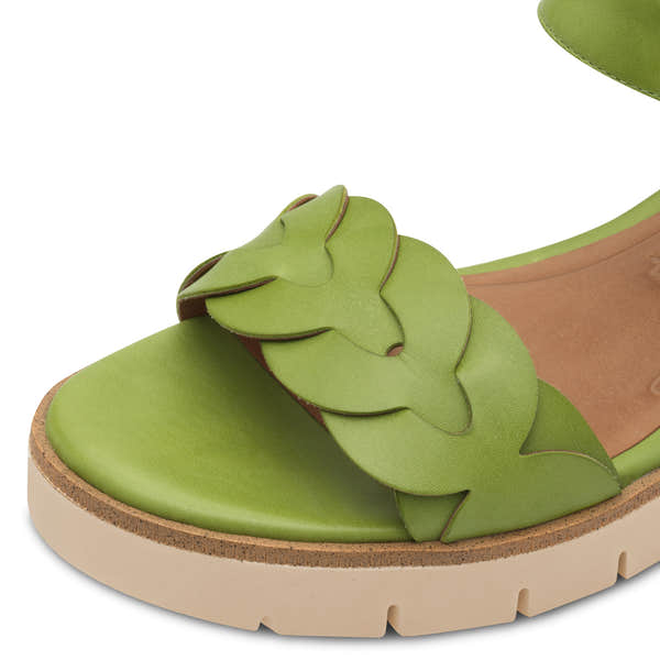 Tamaris women's green leather touch-fastening sandals with layered leaf design and comfortable beige sole.