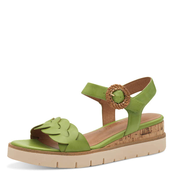 Tamaris 28258-44 ladies' apple leather touch-fastening sandals with a cork wedge sole and decorative buckle strap.