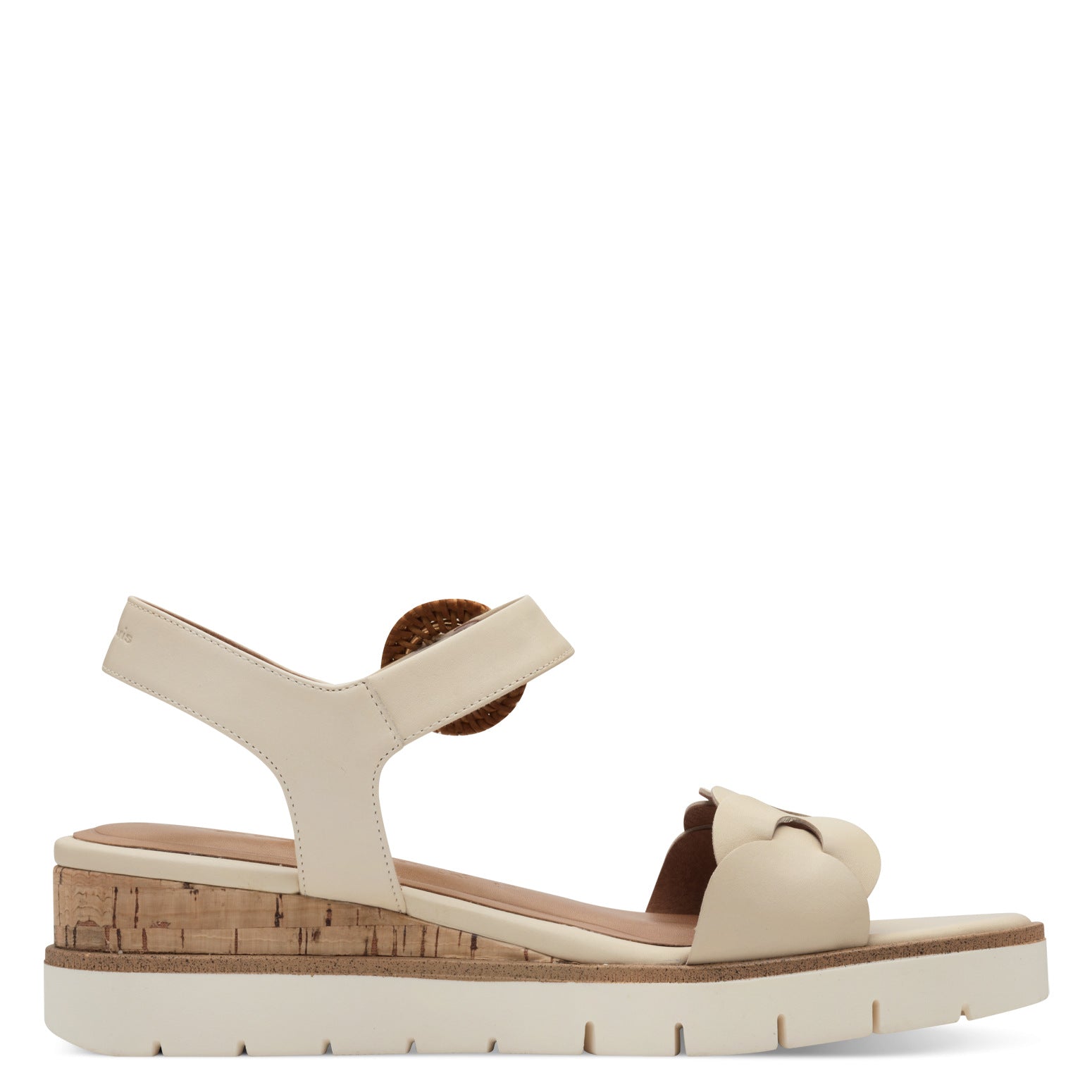 Tamaris 28258-44 ladies ivory leather touch fastening sandals with a chunky cork and rubber sole.