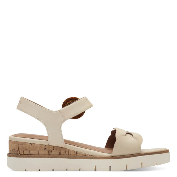 Tamaris 28258-44 ladies ivory leather touch fastening sandals with a chunky cork and rubber sole.