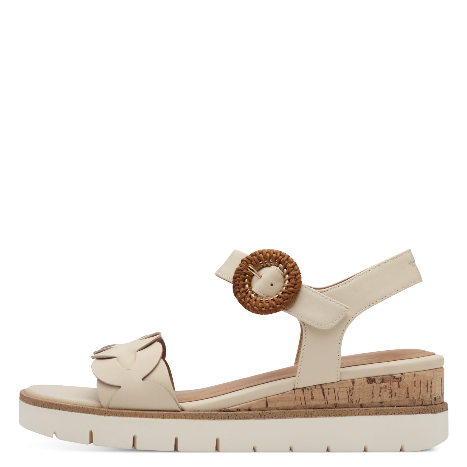 Tamaris 28258-44 ladies ivory leather touch fastening wedge sandals with ruffle detail and cork sole.