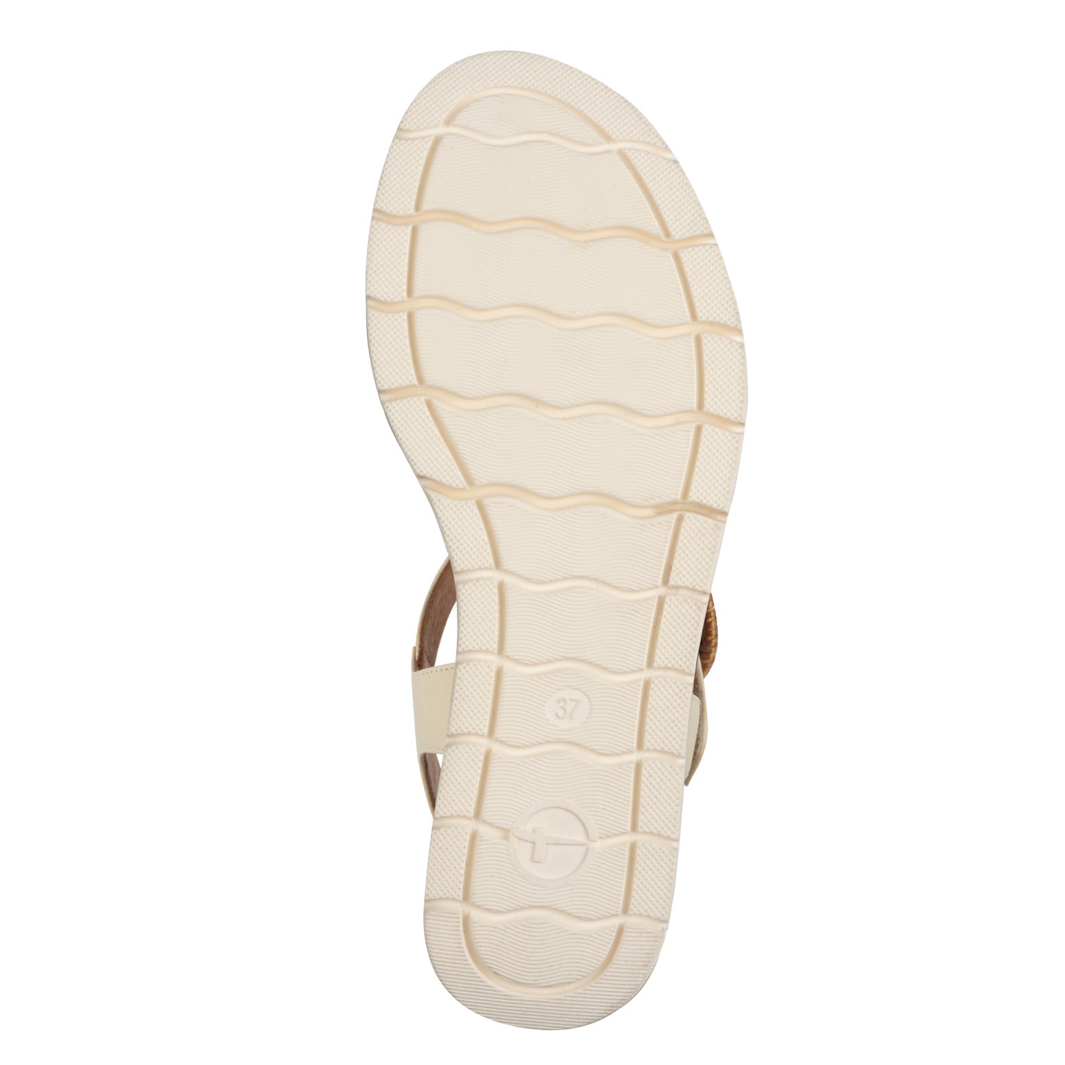 Tamaris 28258-44 women's ivory leather touch fastening sandals with cushioned sole and wavy patterned outsole.