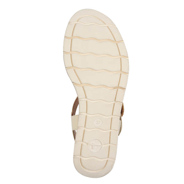 Tamaris 28258-44 women's ivory leather touch fastening sandals with cushioned sole and wavy patterned outsole.