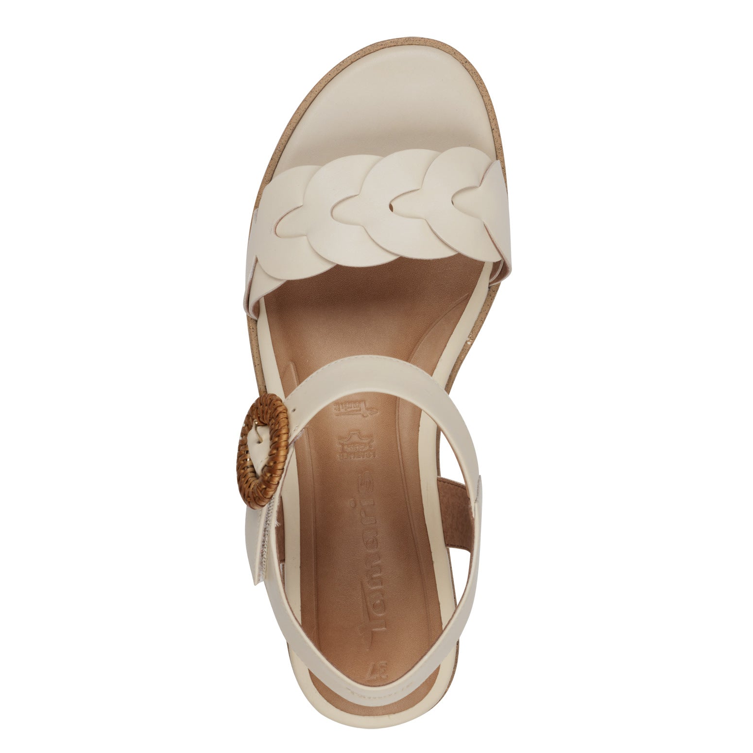 Tamaris Ivory Leather Touch Fastening Sandals with braided strap detail and open toe design.