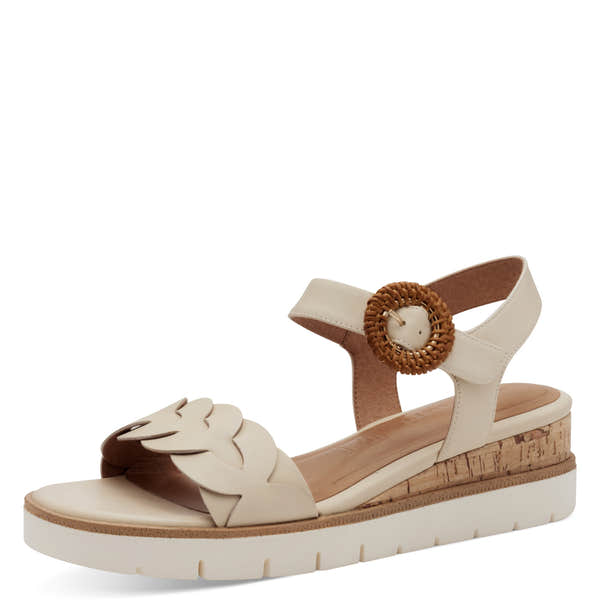 Tamaris Ivory Leather Touch Fastening Ladies Sandals with floral front and cork wedge heel.