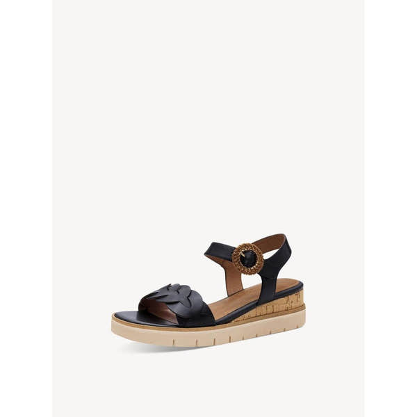 Tamaris Ladies Navy Leather Sandals with Touch Fastening, wedge sole, decorative bow, and round buckle ankle strap.