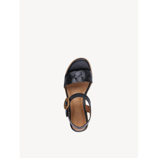 Tamaris Ladies Navy Leather Touch Fastening Sandals with braided strap and buckle detail, versatile summer footwear, size 44.