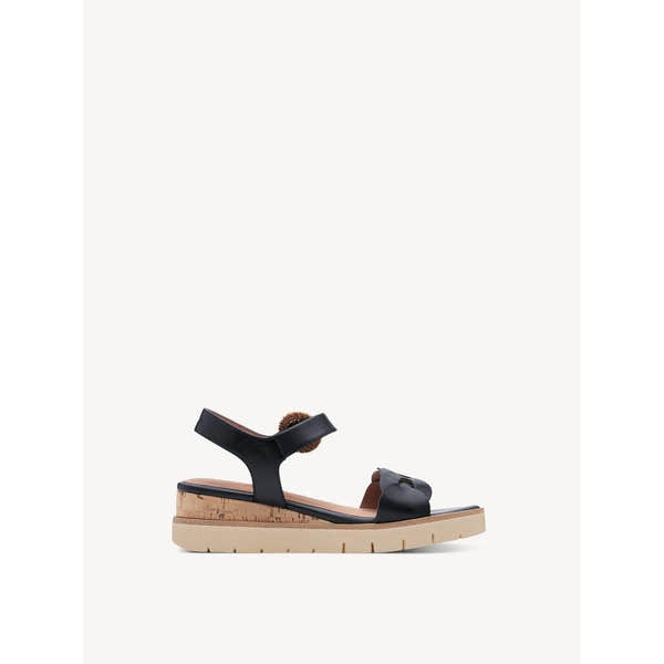 Tamaris Ladies Navy Leather Touch Fastening Sandals with cushioned sole and cork heel, casual and stylish footwear.