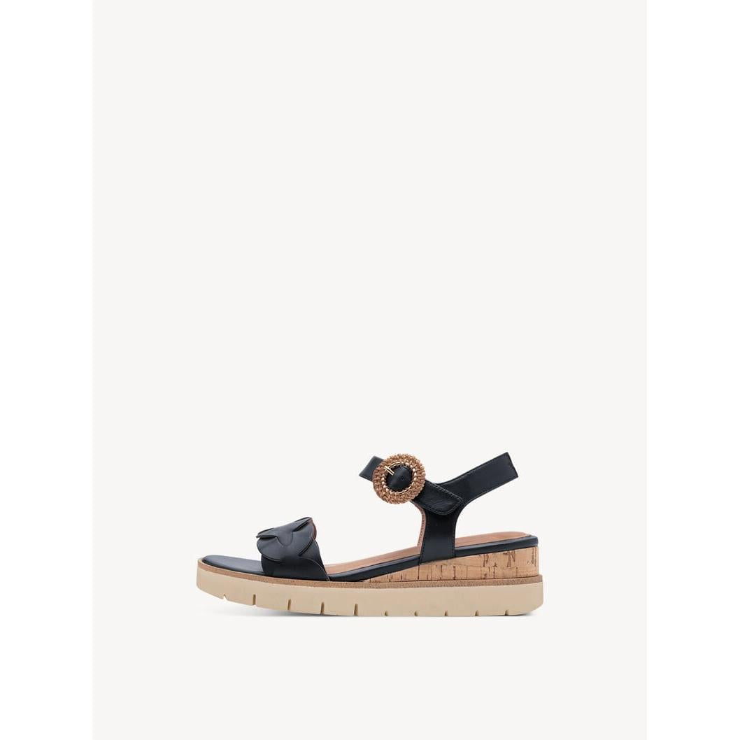 Tamaris 28258-44 Ladies Navy Leather Touch Fastening Sandals with Cork Platform Sole