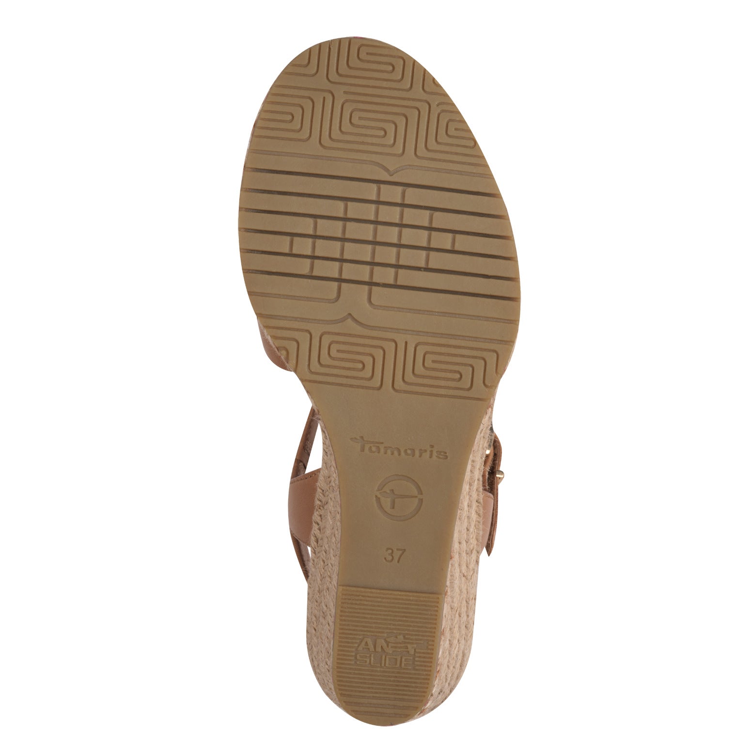 Tamaris 28346-44 ladies cognac leather buckle sandals with textured wedge heel and rubber sole, size 37.