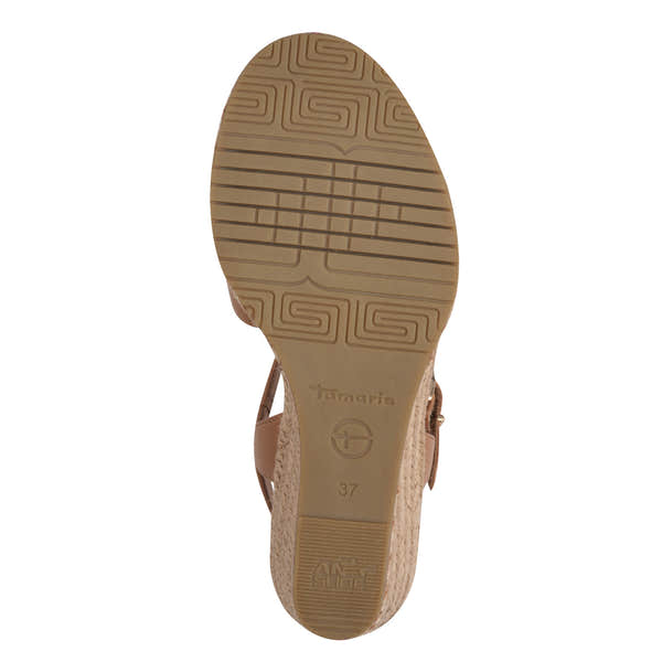 Tamaris 28346-44 ladies cognac leather buckle sandals with textured wedge heel and rubber sole, size 37.