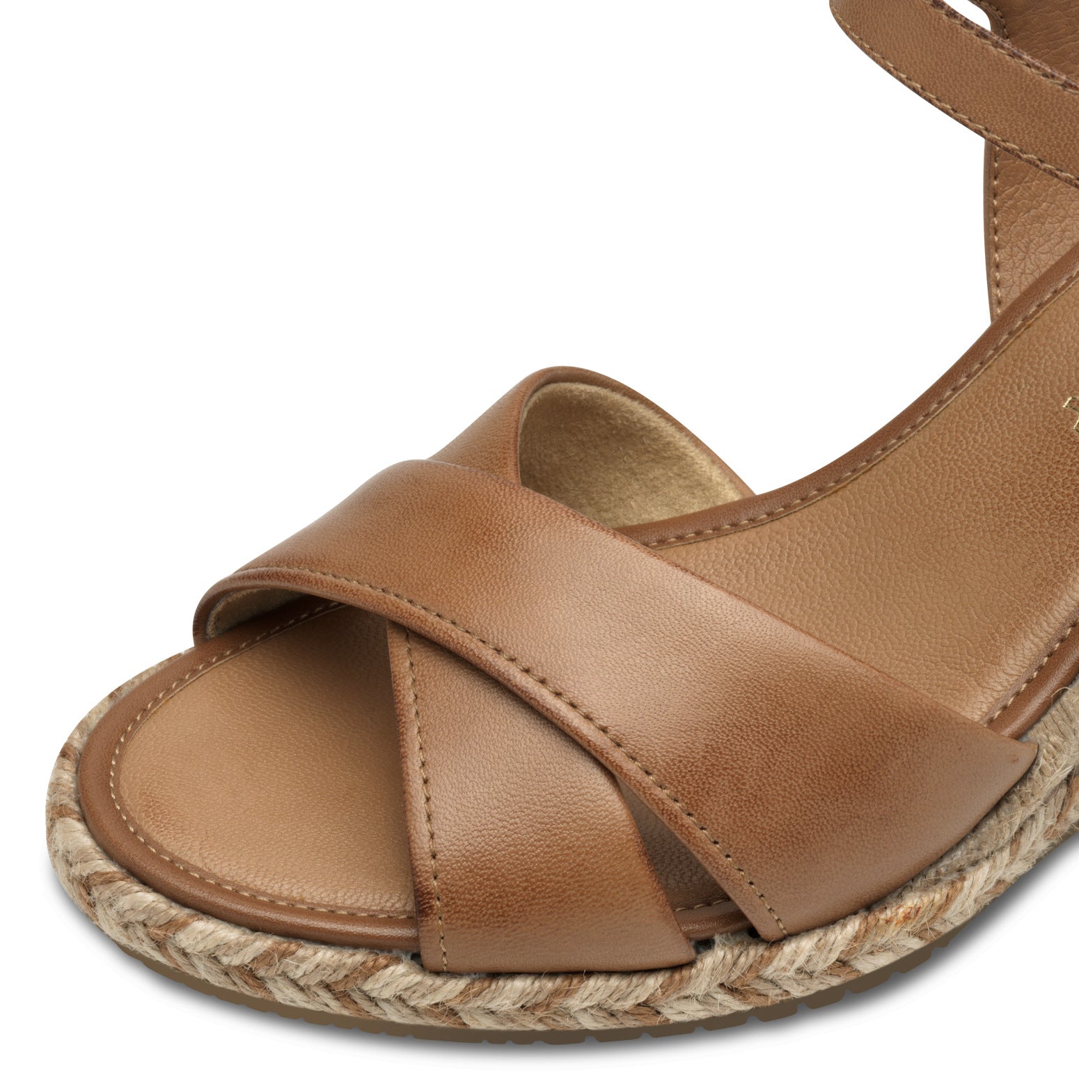 Tamaris 28346-44 women's cognac leather buckle sandals with crossed straps and woven jute sole.