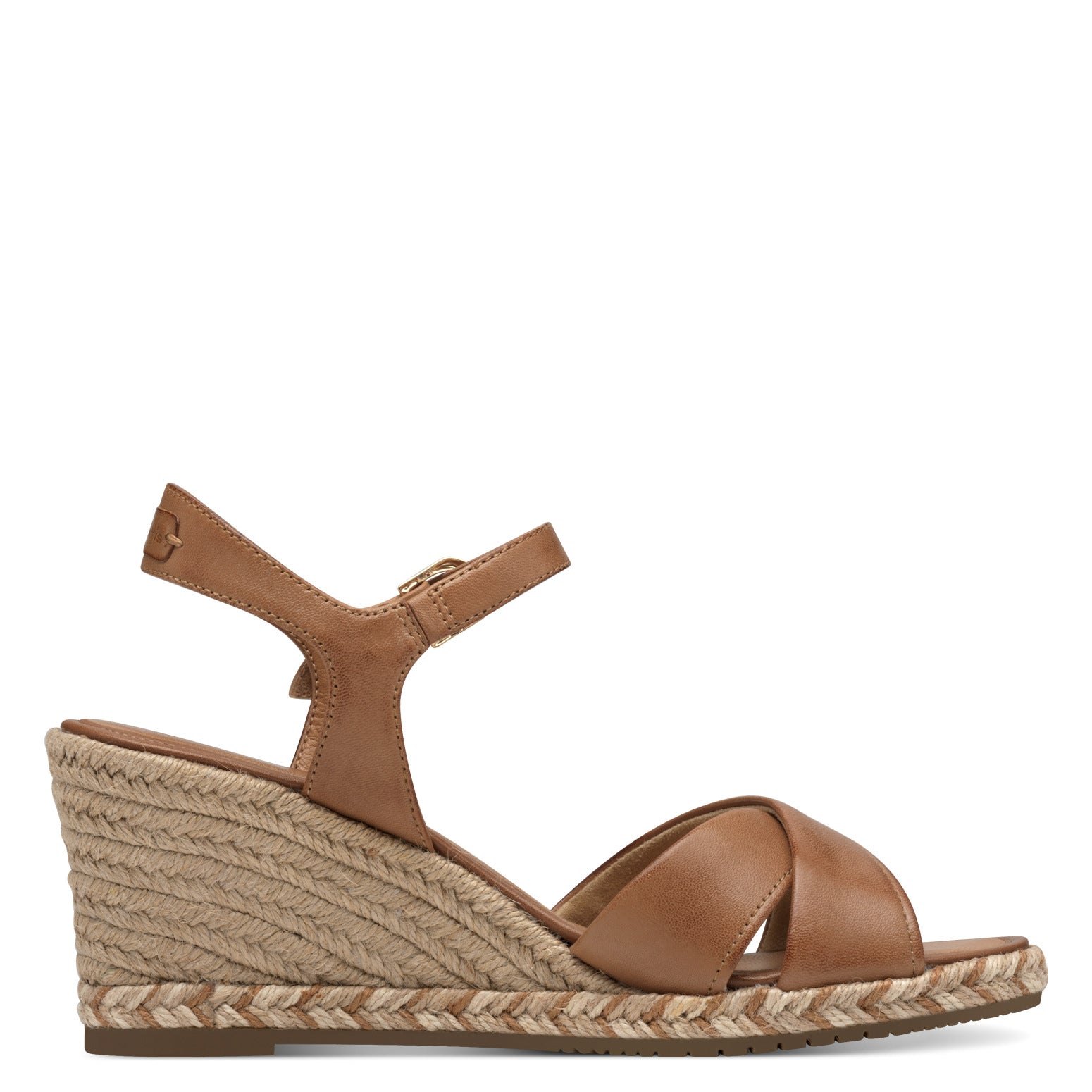 Tamaris 28346-44 women's cognac leather wedge sandals with ankle strap and braided jute heel.