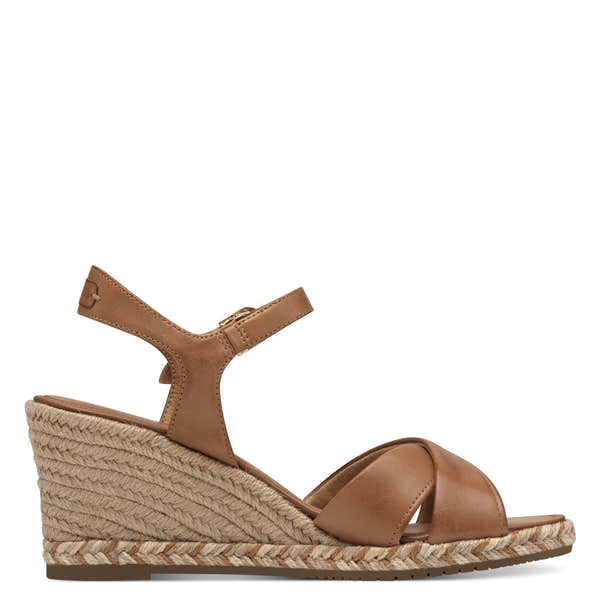 Tamaris 28346-44 women's cognac leather wedge sandals with ankle strap and braided jute heel.