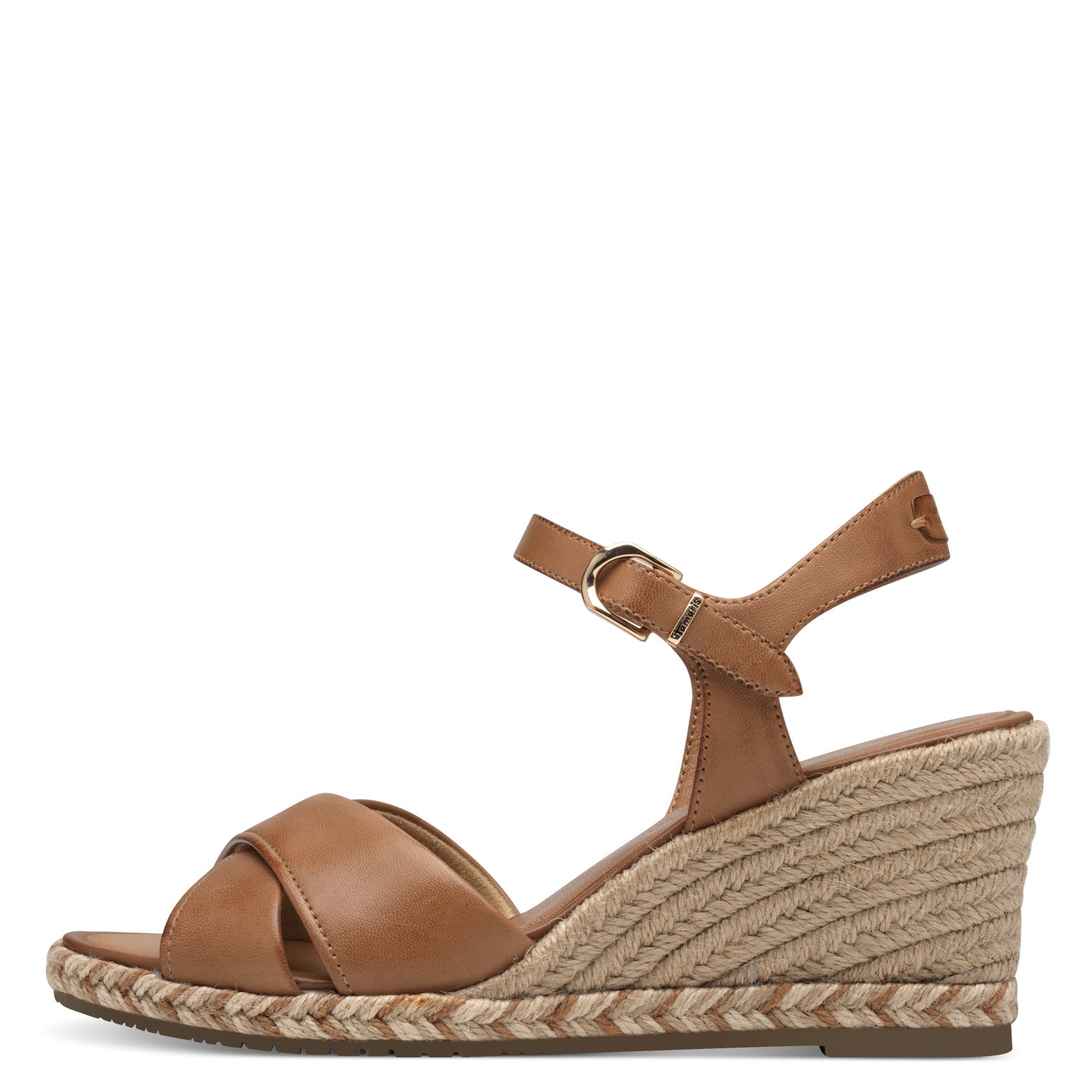 Tamaris 28346-44 women's cognac leather wedge sandals with ankle strap and buckle, espadrille-style platform outsole.