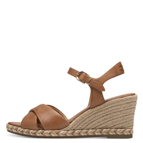 Tamaris 28346-44 women's cognac leather wedge sandals with ankle strap and buckle, espadrille-style platform outsole.