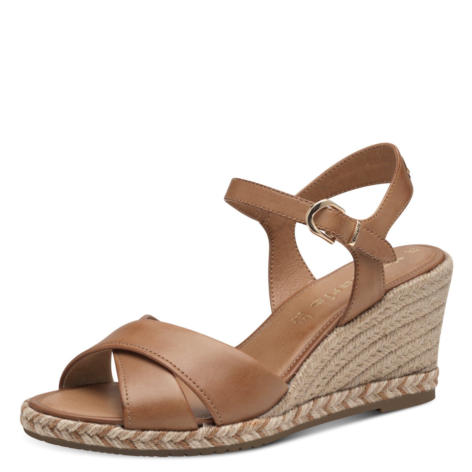 Tamaris 28346-44 women's cognac leather wedge sandals with ankle strap and buckle, summer fashion footwear.