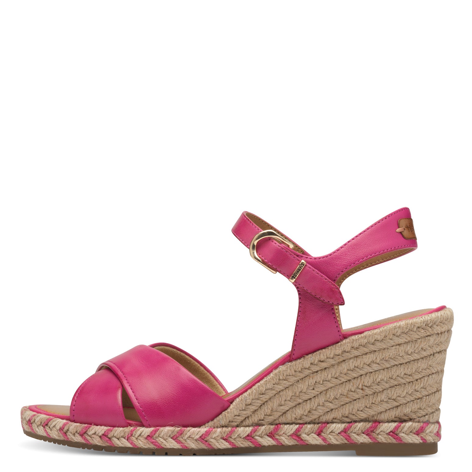 Tamaris 28346-44 women's fuchsia leather buckle wedge sandals with jute braided platform sole.