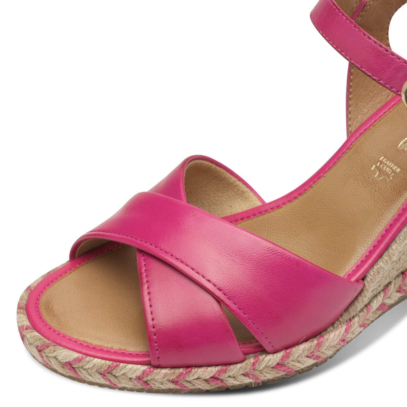 Tamaris 28346-44 ladies fuchsia leather buckle sandals with espadrille-style wedge heel.
