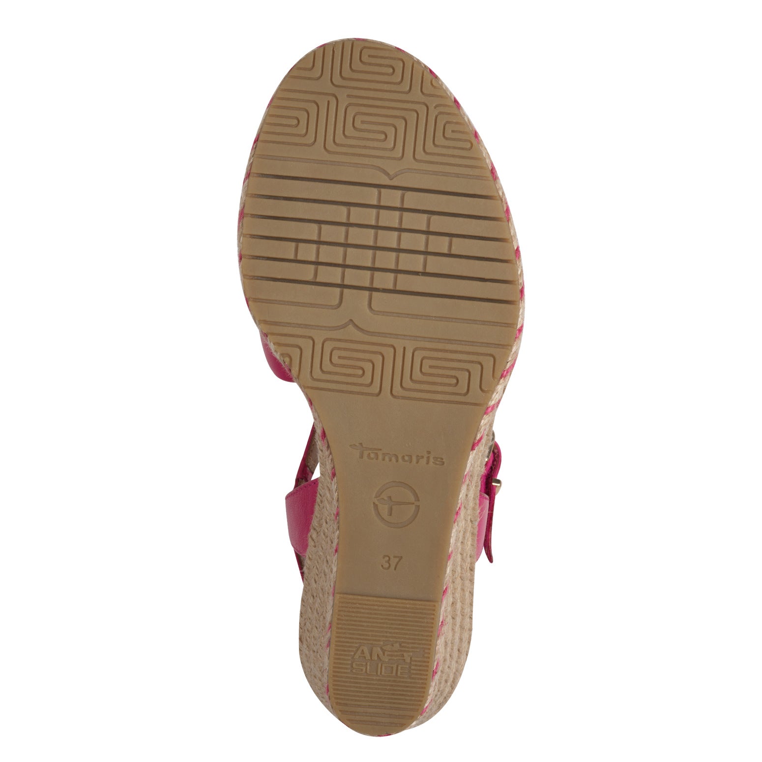 Tamaris Ladies Fuchsia Leather Buckle Sandals with woven espadrille sole and cushioned footbed, size 37.