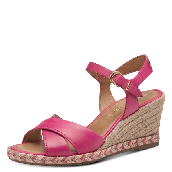 Tamaris 28346-44 women's fuchsia leather wedge sandals with ankle strap and buckle, espadrille-style sole.