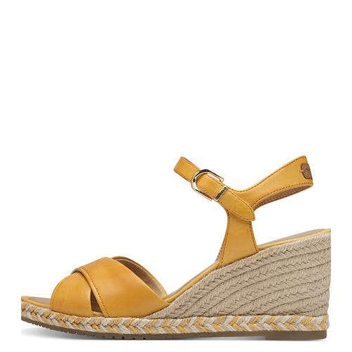 Tamaris 28346-44 Ladies Yellow Leather Buckle Wedge Sandals with ankle strap and braided platform sole.