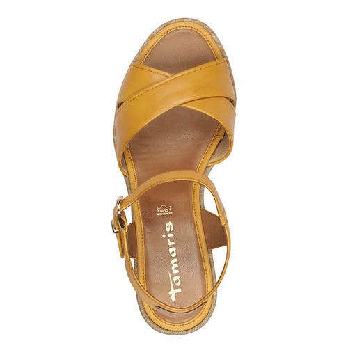 Tamaris 28346-44 women's yellow leather buckle sandals with open toe, ankle strap, and cushioned insole.