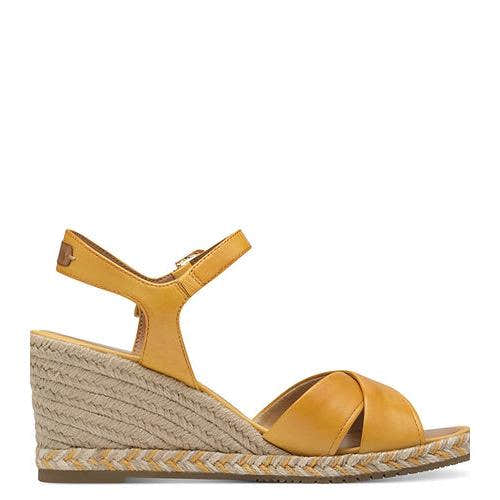 Tamaris 28346-44 yellow leather wedge sandals with ankle strap and buckle, casual summer footwear for women.