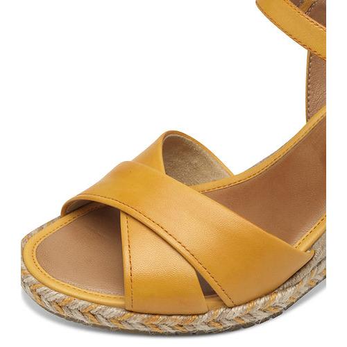 Tamaris 28346-44 women's yellow leather buckle sandals with woven espadrille sole, open toe, and ankle strap.