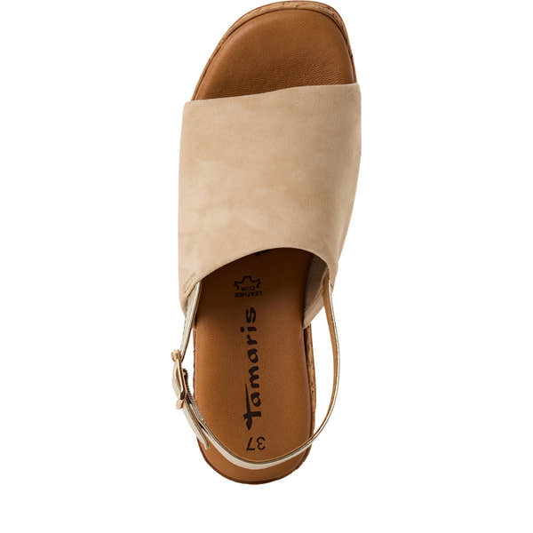 Tamaris 28393-42 women's Italian beige leather buckle sandals with an open toe and ankle strap, cushioned insole, and low heel.